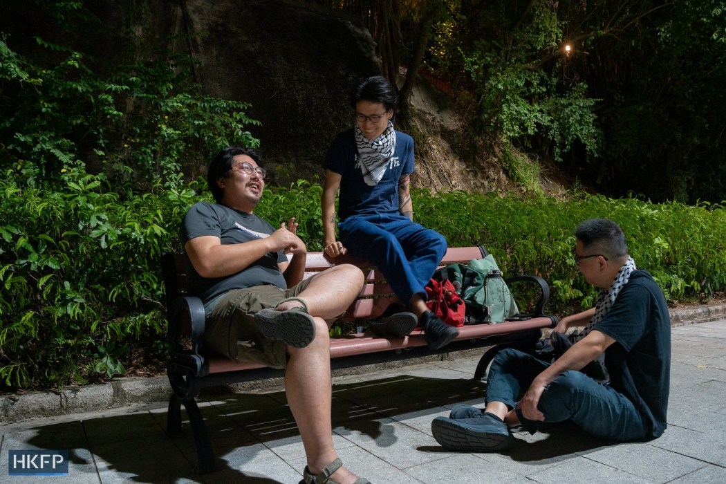 Left to right: Yu Wai-pan, YY, and Lam Chi-leung of the Hong Kong Anti-war Mobilisation on November 16, 2025. Photo: Kyle Lam/HKFP.