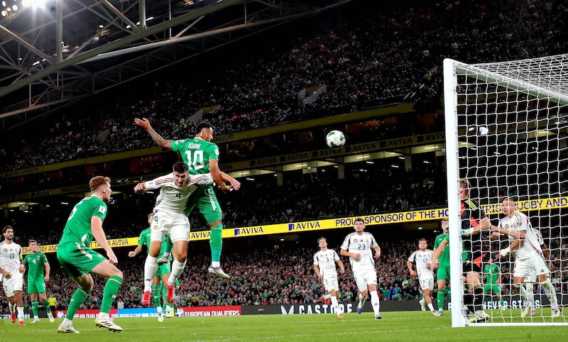 Adam Idah scores to level the game against Hungary at the Aviva. Photograph: Ryan Byrne/Inpho