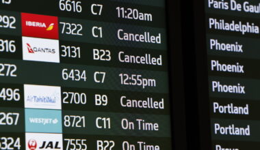 Cancelled flights shown on a departures board at San Francisco International Airport, California, November 7, 2025. The FAA has reduced air traffic at major airports by 10 percent due to the ongoing US government shutdown.