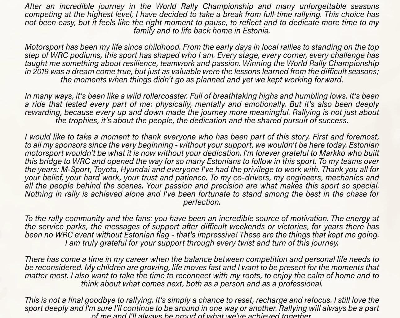 Ott Tänak teatas, et teeb rallist pausi. All pressiteade.