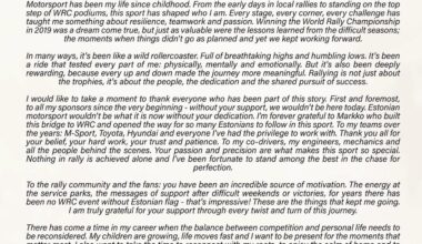 Ott Tänak teatas, et teeb rallist pausi. All pressiteade.