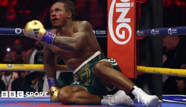 Anthony Yarde on the canvas after being dropped by David Benavidez