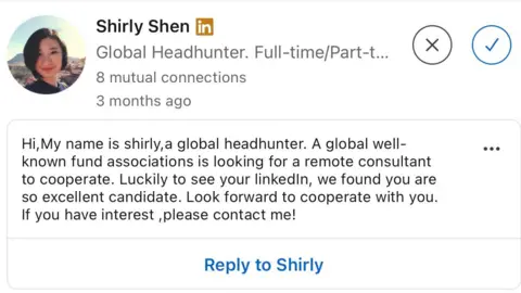 Simon Whelband A screenshot of a LinkedIn message reading: "Hi, My name is Shirly, a global headhunter. A global well-known fund associations is looking for a remote consultant to cooperate. Luckily to see your linkedIn, we found you are so excellent candidate. Look forward to cooperate with you. If you have interest ,please contact me!".