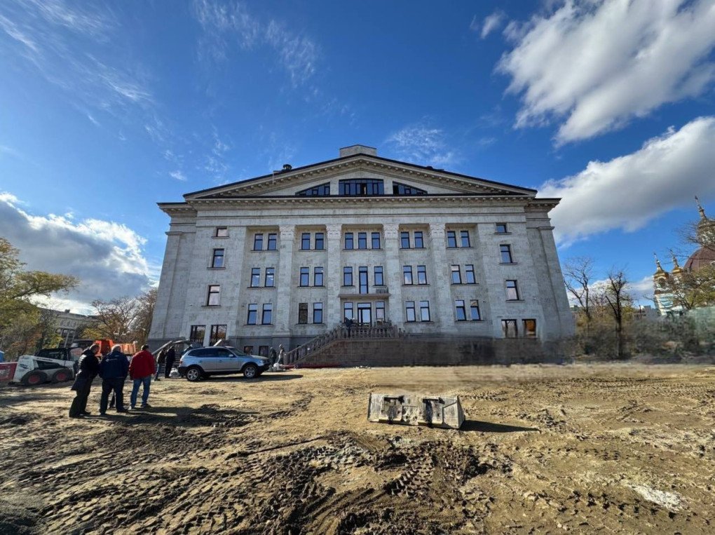 Rear view of the rebuilt Mariupol Drama Theatre, photographed from the construction site. (Source: Telegram / Mariupol City Council)