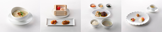 The menu for the Korea-China state dinner hosted for Chinese President Xi Jinping on Nov. 1. From left: chicken porridge; sweet and sour chicken and abalone in mala sauce; grilled tteokgalbi; and dessert. [PRESIDENTIAL OFFICE]