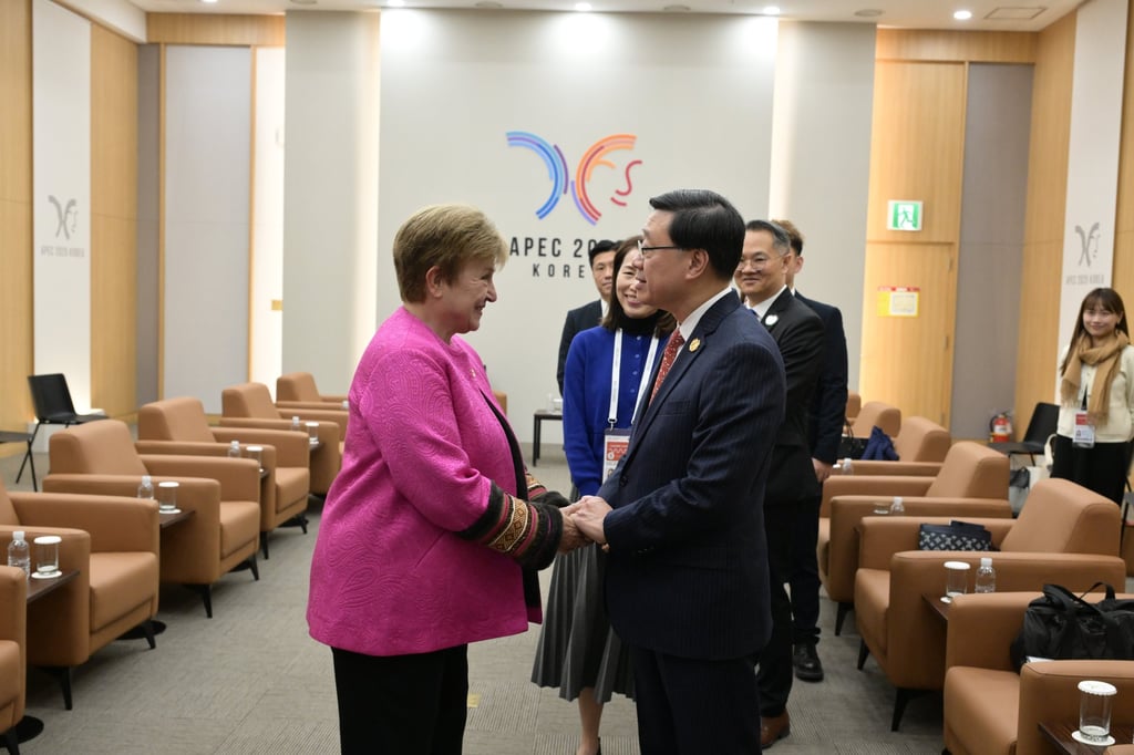 IMF managing director Kristalina Georgieva greets John Lee. Photo: Handout IMF managing director Kristalina Georgieva greets John Lee. Photo: Handout