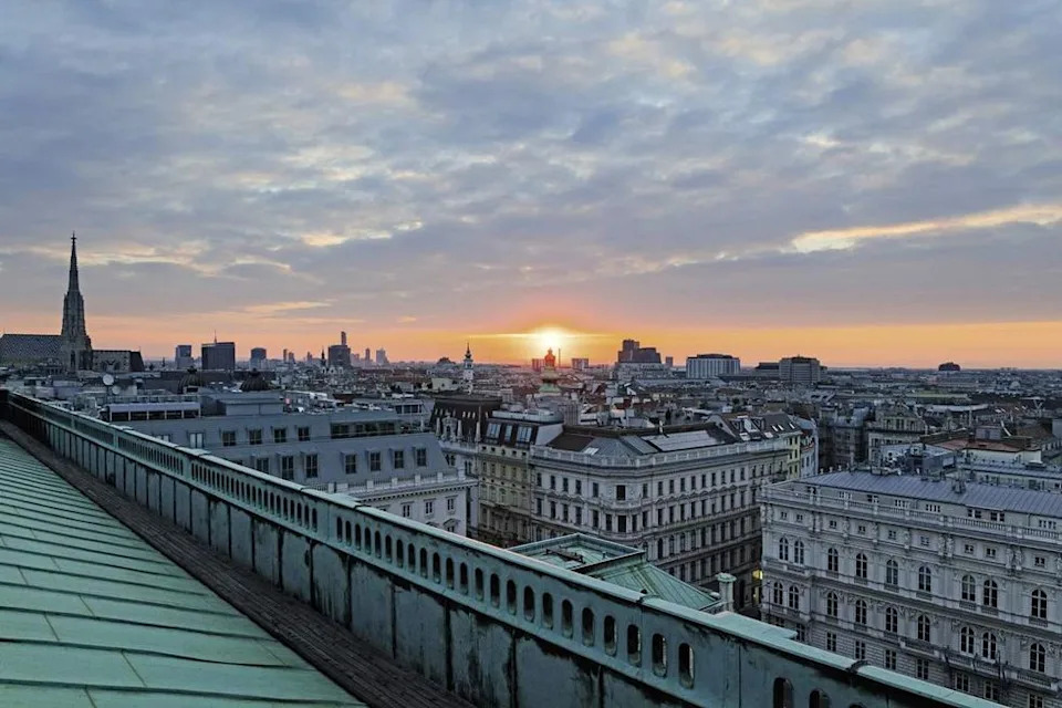 A photograph of the Vienna skyline at sunset