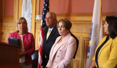 Senate President Karen Spilka, House Speaker Ron Mariano, Gov. Maura Healey and Lt. Gov. Kim Driscoll speak with reporters after a leadership meeting in July.