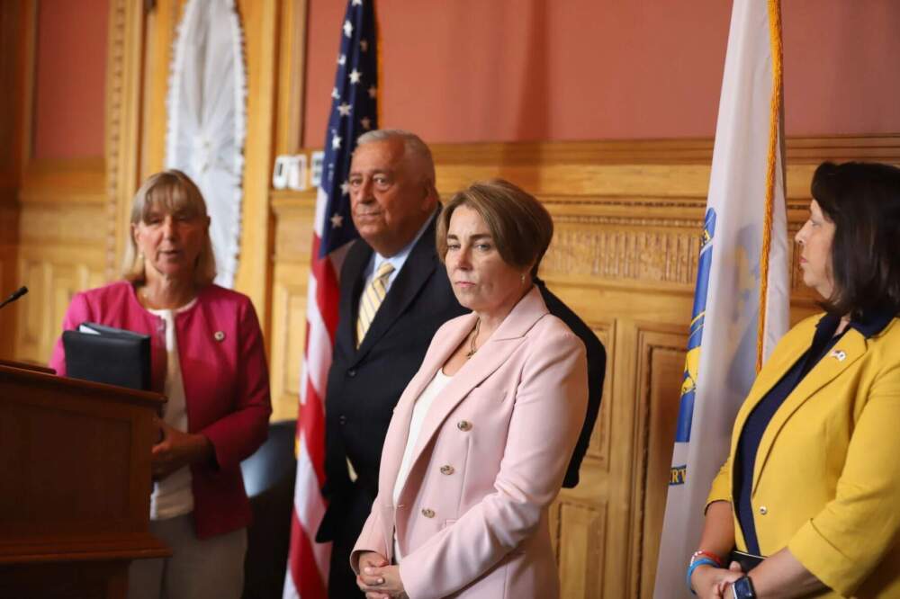 Senate President Karen Spilka, House Speaker Ron Mariano, Gov. Maura Healey and Lt. Gov. Kim Driscoll speak with reporters after a leadership meeting in July.