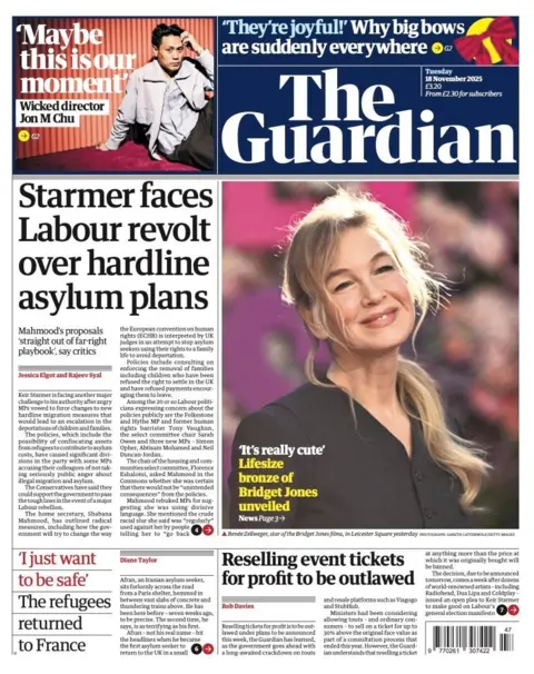 The headline on the front page of the Guardian reads: “Starmer faces Labour revolt over hardline asylum plans”.