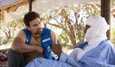 Actor and United Nations High Commissioner for Refugees (UNHCR) Goodwill Ambassador Theo James, left, meets Malian physics professor and refugee Mohamed Ag Malha at the Mbera Refugee Camp in Mauritania on Oct. 8, 2024. The UNHCR estimates that there are over 262,000 refugees and asylum seekers in Mauritania, a country that has been hard hit by global warming. [UNITED NATIONS HIGH COMMISSIONER FOR REFUGEES]