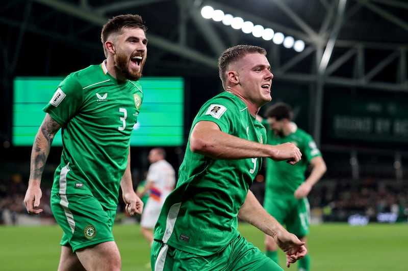 Evan Ferguson celebrates scoring against Armenia. Photograph: James Crombie/Inpho