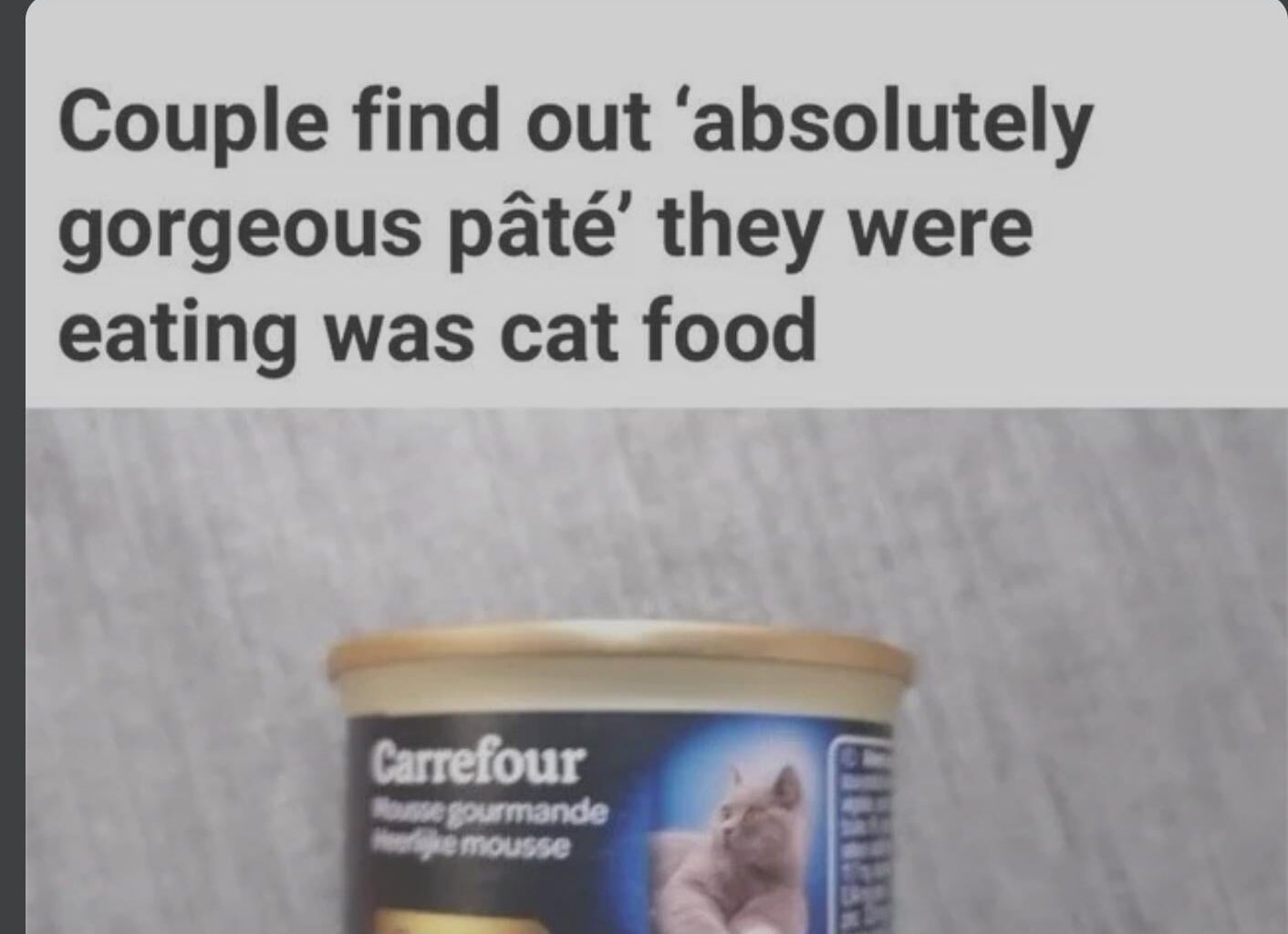 Je traduit de l'anglois caca : "Un couple découvre que le « pâté absolument délicieux » qu'ils mangeaient était en fait de la nourriture pour chats." Une autre façon de donner sa langue au chat