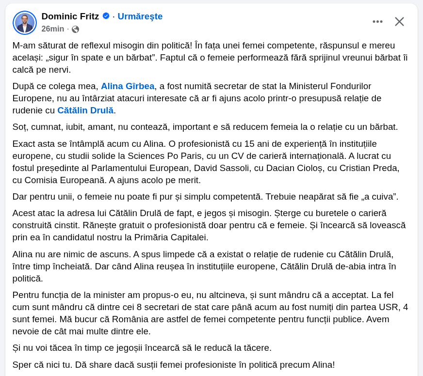 Dominic Fritz - M-am săturat de reflexul misogin din politică!