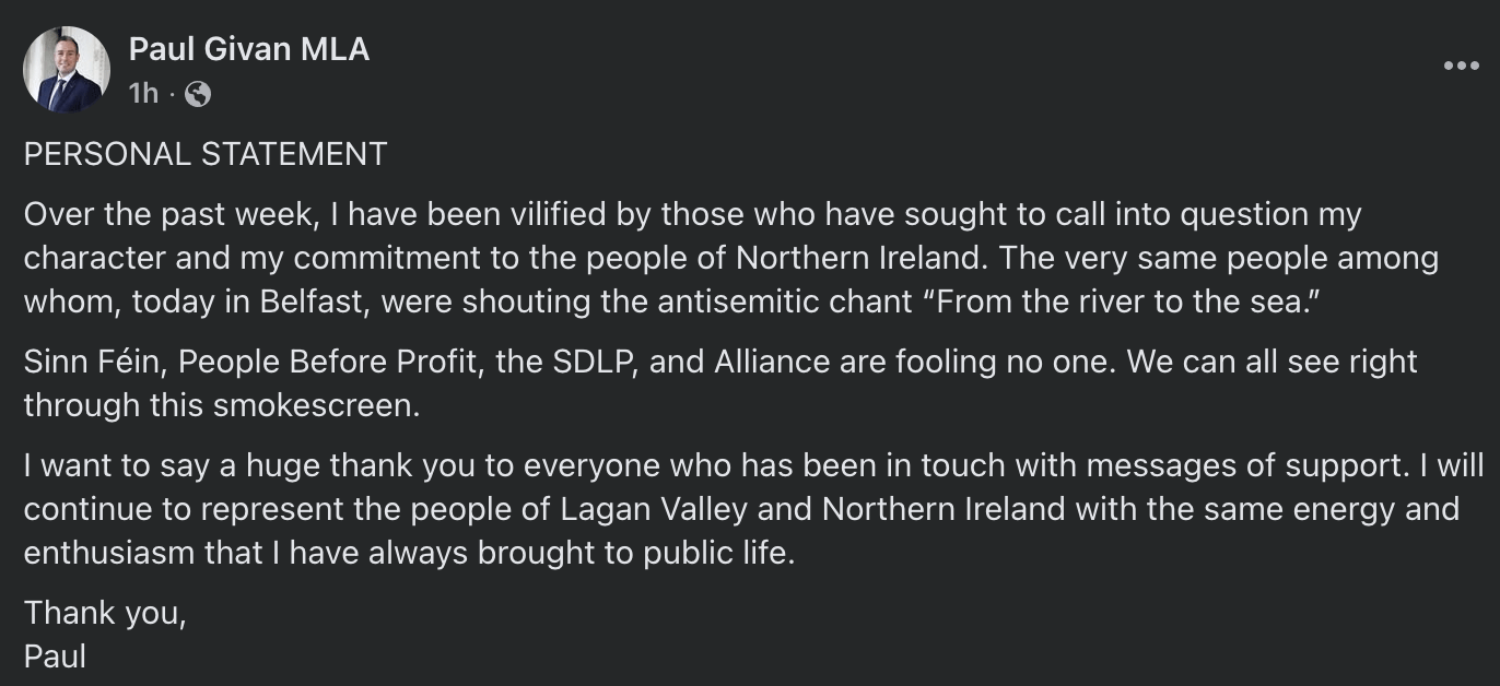 Paul Givan's Response to this weeks criticism