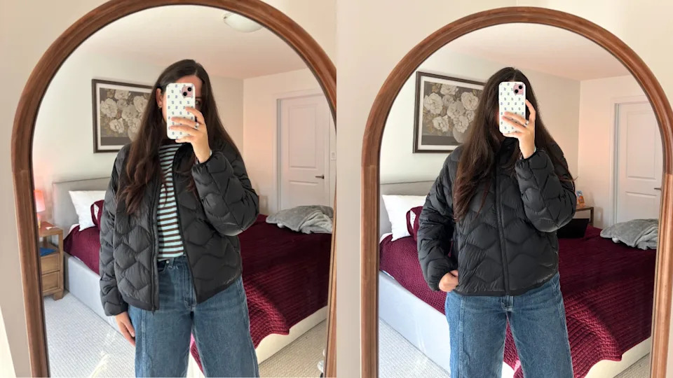 someone wearing a lululemon Featherweight 900-Down-Fill Quilted Jacket in a mirror photo
