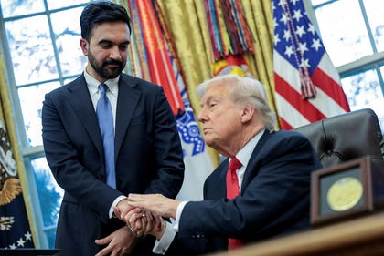 U.S. President Donald Trump and New York City Mayor-elect Zohran Mamdani shake hands as they meet in the Oval Office at the White House in Washington on Friday.