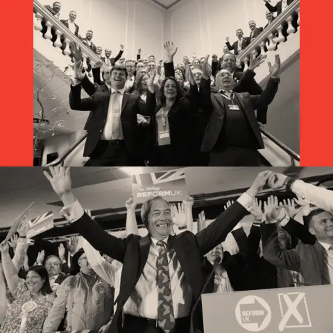 BBC Two treated images: the top showing Reform Cllr Linden Kemkaran (front centre) and the bottom image showing Nigel Farage 
