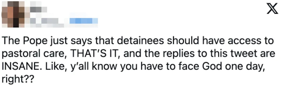 Tweet discussing the Pope's statement on detainees' right to pastoral care, highlighting strong reactions in replies