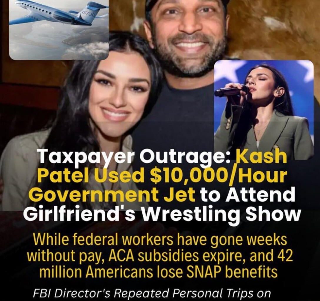 Cash Patel treating Air Force jets like UberXL. $10K/hr to attend and pick up his girlfriend from a wrestling show — truly the people’s government. 😂