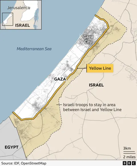 A map showing the extent of the Yellow Line which runs around the periphery of Gaza and demarcates the territory controlled by Israeli forces