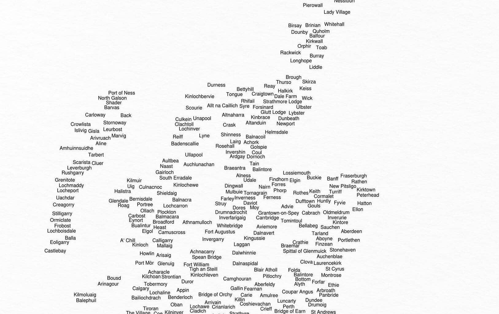[OC] I made a typographic map of Scotland using the names of its cities, towns, and villages.