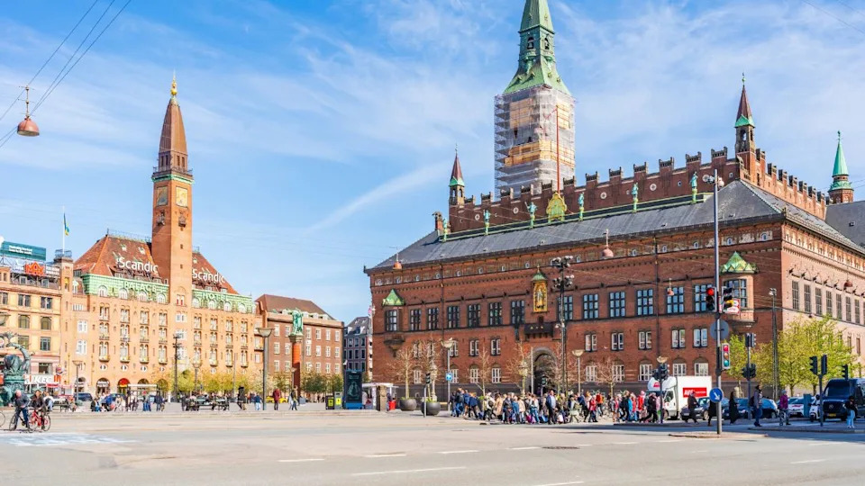 COPENHAGEN, DENMARK - APRIL 15, 2024: Copenhagen City Hall on City Hall Square is the headquarters of the Copenhagen City Council and the Lord mayor of the Copenhagen Municipality.