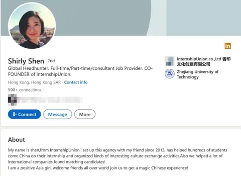 LinkedIn A screenshot of a LinkedIn profile with the name Shirley Shen and a picture of a young Chinese woman. The description on the profile reads: "Global Headhunter. Full-time/Part-time/consultant Job Provider. CO-FOUNDER of InternshipUnion."