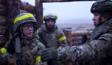 A Ukrainian instructor training recruits for the Ukrainian Army, in basic military training and trench warfare.