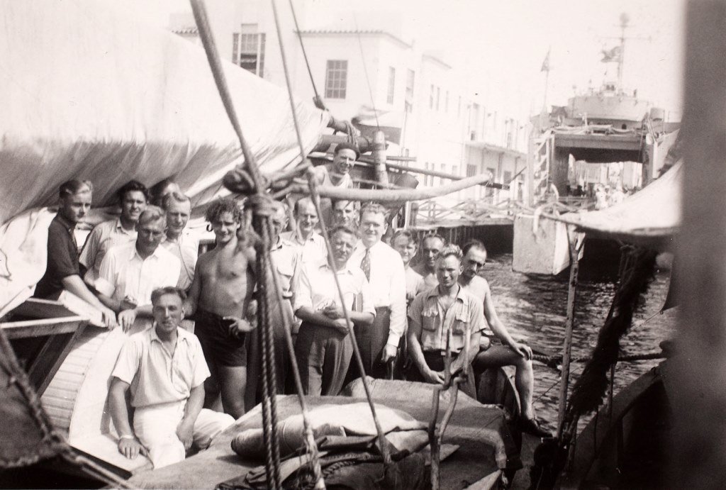 The motor yacht Linda, carrying Estonian refugees, arrives in the United States. Ernst Jaakson, wearing a tie, is pictured with the group on 18 October 1946.