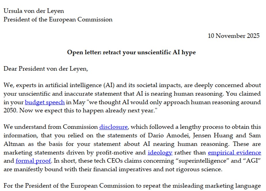 Scientists call on the President of the European Commission to retract to AI hype statement
