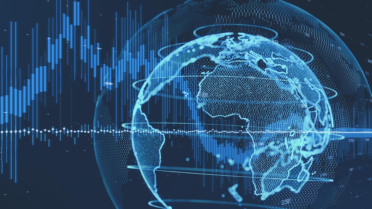 Image of a globe with data scrolling across it.