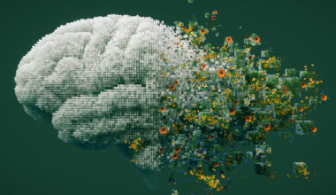 3D illustration of a human brain constructed from digital cubes dissolving into natural elements like flowers.