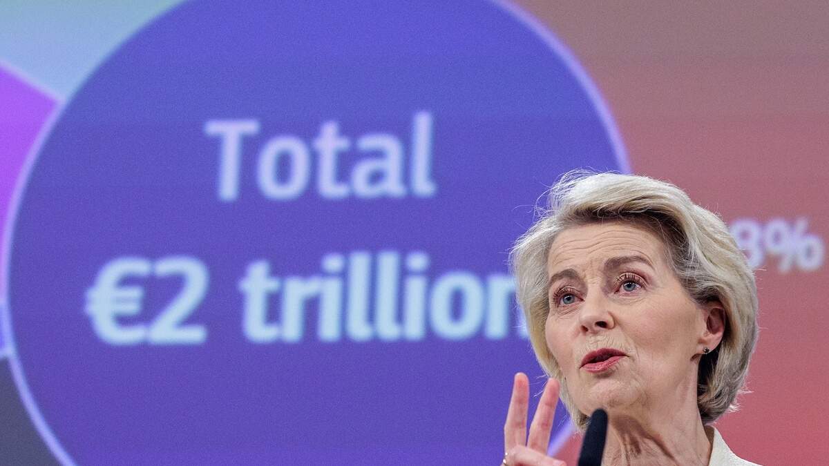 EU-kopstuk Ursula von der Leyen bij de presentatie van de megalomane begrotingsplannen.