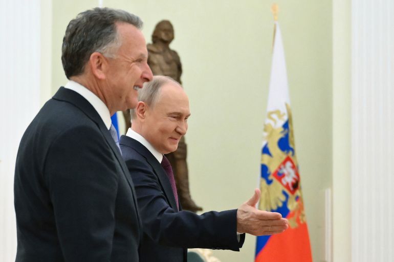 Russian President Vladimir Putin, centre , welcomes U.S. President Donald Trump's special envoy Steve Witkoff to their talks at the Kremlin in Moscow, Russia, Friday, April 25, 2025. (Kristina Kormilitsyna, Sputnik, Kremlin Pool Photo via AP)