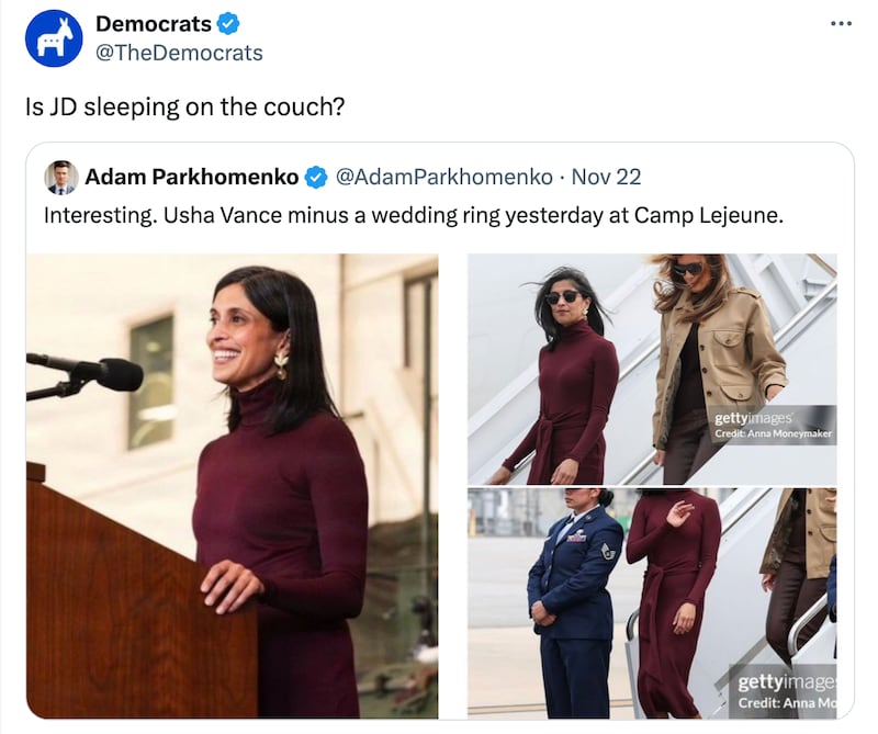 Tweet from the Democrats about Usha Vance and JD Vance