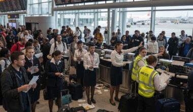 Create an image of an airport terminal filled with frustrated passengers, holding boarding passes and looking at departure boards displaying cancelled or delayed flights, with flight attendants and airline workers in the background engaging in a heated discussion.