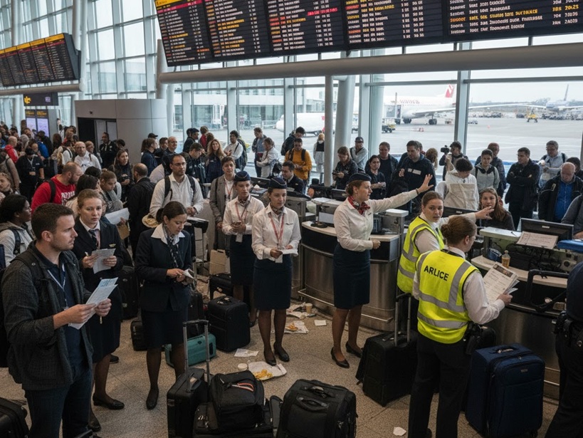 Create an image of an airport terminal filled with frustrated passengers, holding boarding passes and looking at departure boards displaying cancelled or delayed flights, with flight attendants and airline workers in the background engaging in a heated discussion.