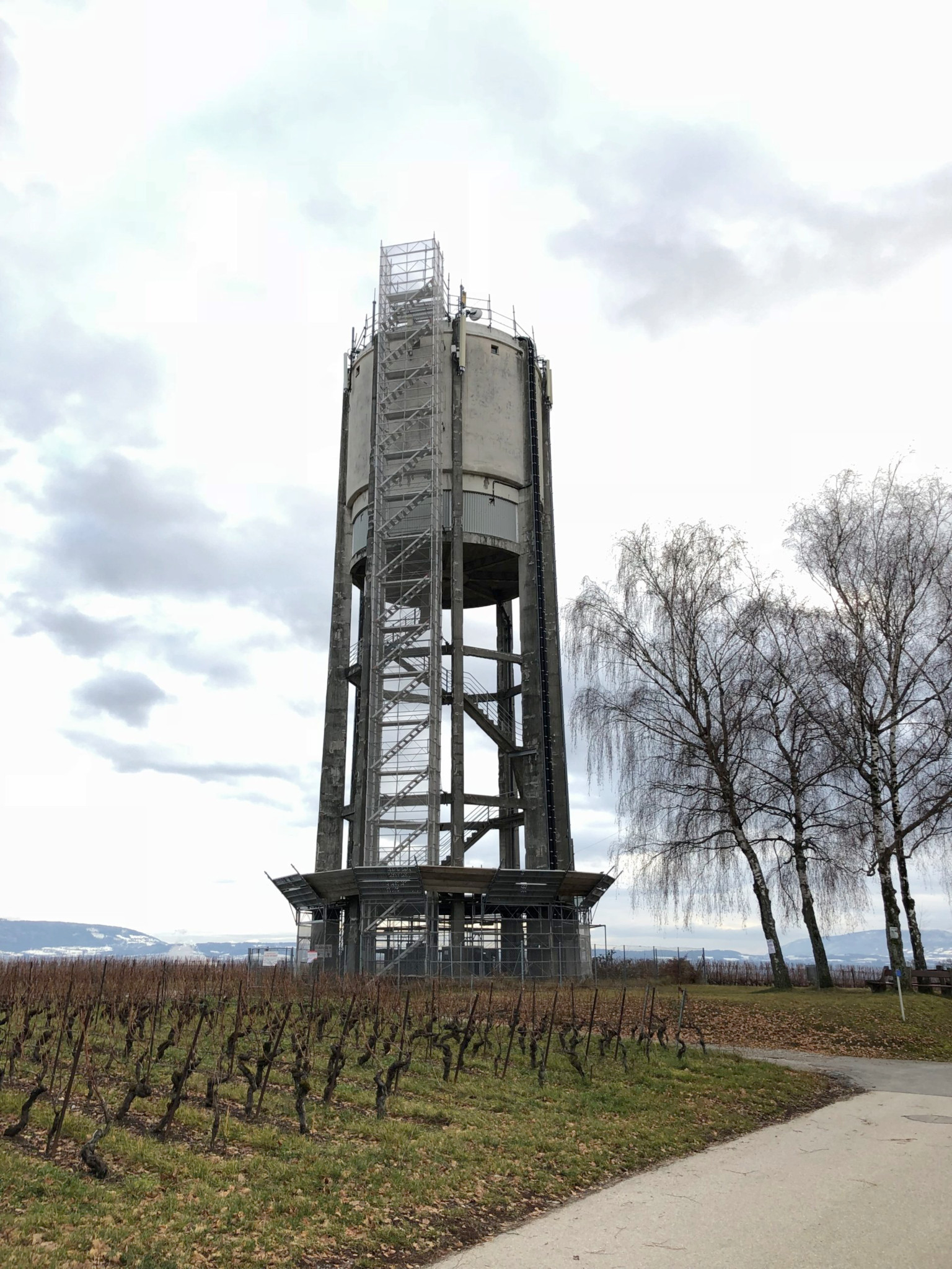 Tour métallique au milieu de vignobles avec des arbres nus à proximité, ciel nuageux en arrière-plan. Tour métallique au milieu de vignobles avec des arbres nus à proximité, ciel nuageux en arrière-plan.