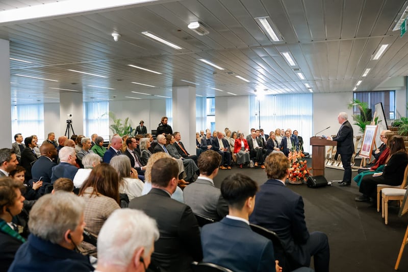 More than 200 Latter-day Saints and invited guests listen to Elder Jack N. Gerard — a General Authority Seventy and first counselor in the Church’s Europe Central Area presidency — at the site dedication of the Brussels Belgium Temple in Brussels, Belgium, on Saturday, Nov. 22, 2025.