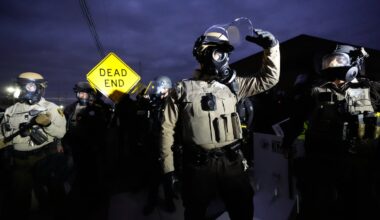 Law enforcement standoff with protesters outside an ICE processing facility in the Chicago suburb of Broadview, Ill., on Nov. 1.