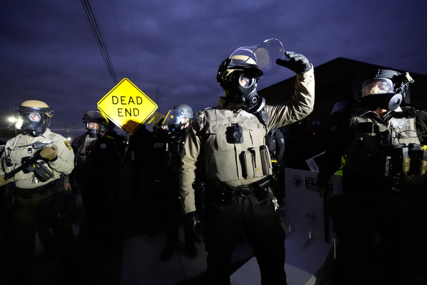Law enforcement standoff with protesters outside an ICE processing facility in the Chicago suburb of Broadview, Ill., on Nov. 1.