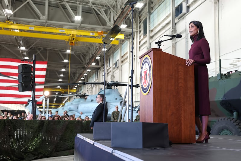 JACKSONVILLE, NORTH CAROLINA - NOVEMBER 19: Second lady Usha Vance delivers remarks to military personnel and their families during a visit to MV-22 Mega Hangar on Marine Corps Air Station New River on November 19, 2025 in Jacksonville, North Carolina. Vance and first lady Melania Trump are traveling together for the day to visit military families and schools at Marine Corps Base Camp Lejeune. (Photo by )