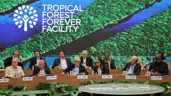 (L to R) Brazil's Foreign Minister Mauro Vieira, UN Secretary General Antonio Guterres, Brazil's President Luiz Inacio Lula da Silva, First Lady Rosangela da Silva, World Bank's Senior Managing Director Axel van Trotsenburg and the Democratic Republic of the Congo's President Felix Tshisekedi attend the Leaders Round Table to launch the Tropical Forest Forever Facility (TFFF) in the framework of the COP30 UN Climate Change Conference in Belem, Para State, Brazil, on November 6, 2025.(AFP)