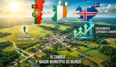 Altamira seen from above on the banks of the Xingu River, with a small urban area surrounded by Amazon rainforest and a vast, almost empty territory around it.