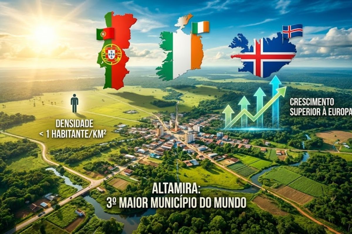 Altamira seen from above on the banks of the Xingu River, with a small urban area surrounded by Amazon rainforest and a vast, almost empty territory around it.