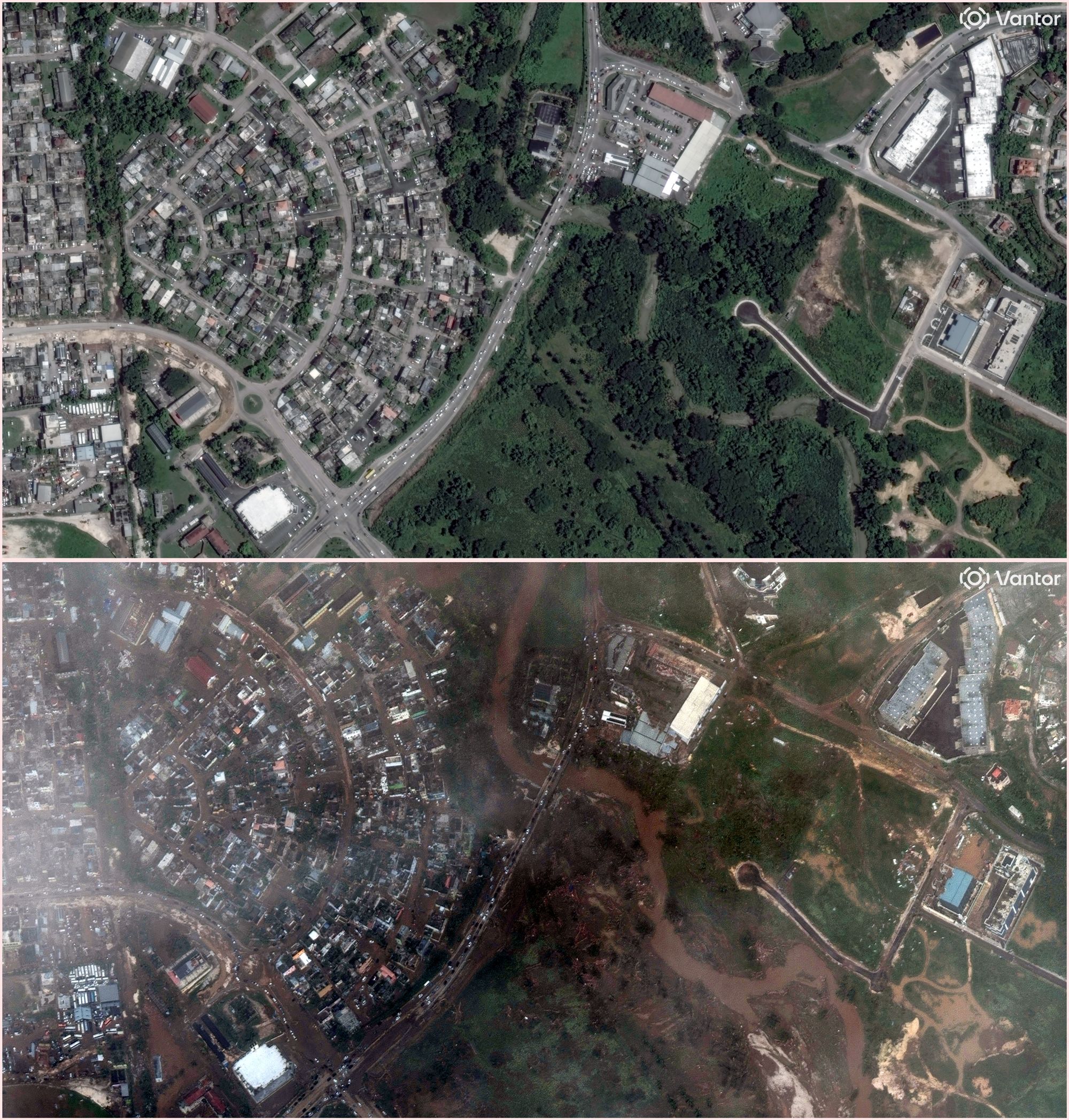 A satellite image of the Barnett River along Montego Bay before Hurricane Melissa made landfall, and after