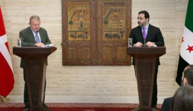 A press conference between Syrian Foreign Minister Asaad al-Shibani and Danish Foreign Minister Lars Løkke Rasmussen at Tishreen Palace in Damascus, 29 November 2025 (SANA)