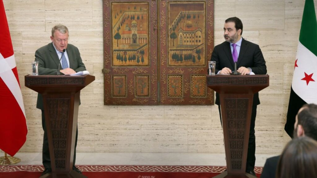 A press conference between Syrian Foreign Minister Asaad al-Shibani and Danish Foreign Minister Lars Løkke Rasmussen at Tishreen Palace in Damascus, 29 November 2025 (SANA)