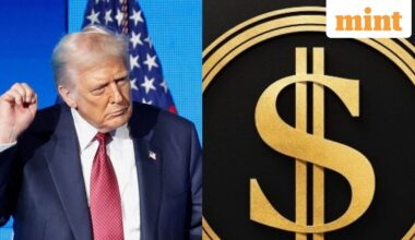 US President Donald Trump and DOGE logo.